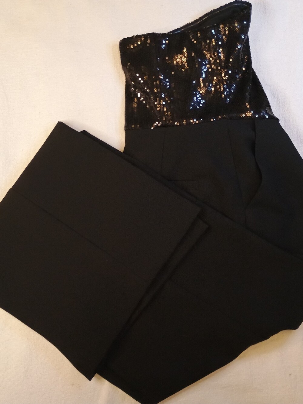 Black Sequin Jumpsuit Steve Madden Med Structured Strapless Bodice Tailored Pant
